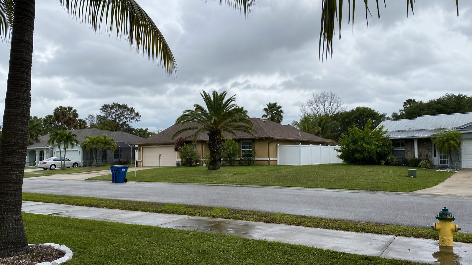 Florida suburban neighborhood with pool cages and palm trees in afternoon overcast light