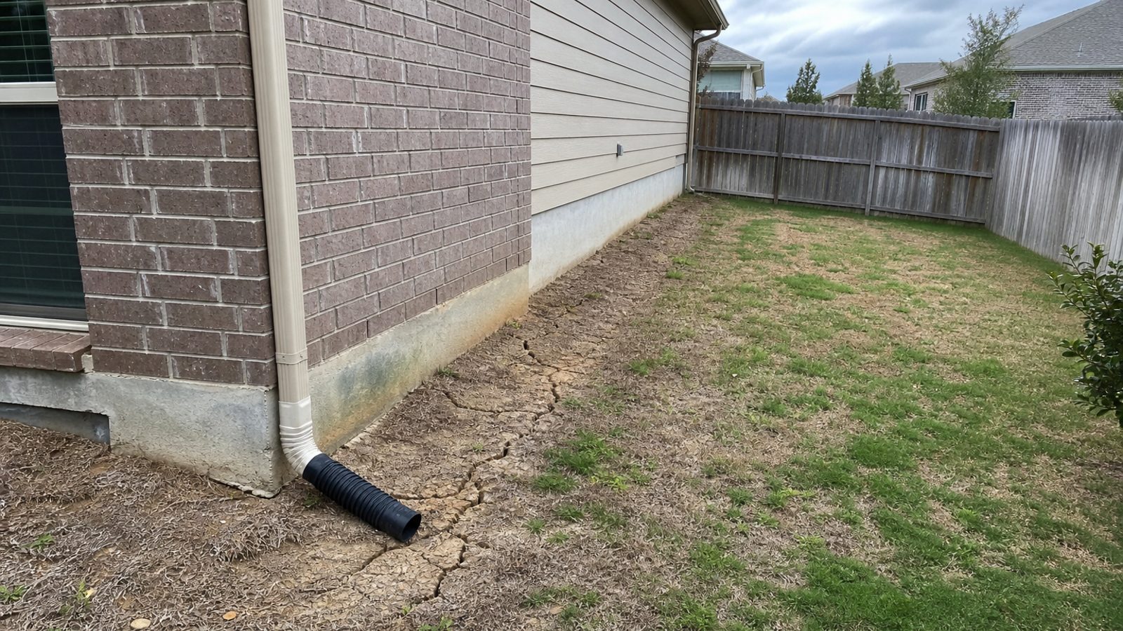 Texas suburban side yard with clay soil cracks, downspout drainage, and heat-stressed lawn