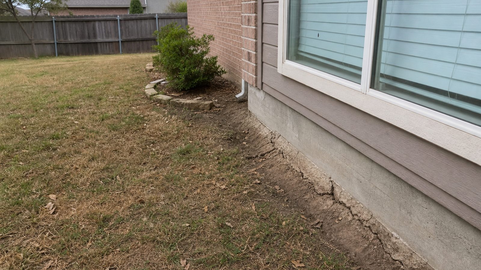 Texas suburban yard showing clay soil movement, foundation edge, dry lawn patches, summer haze, realistic residential